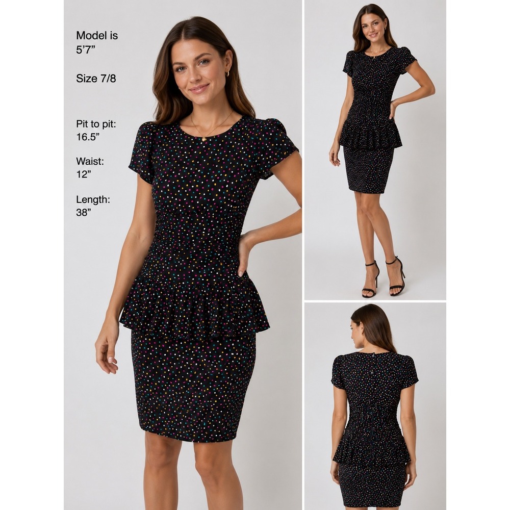 Betsy's Things Vintage 80s Peplum Dress Polka Dot Confetti ILGWU Made in USA 7/8